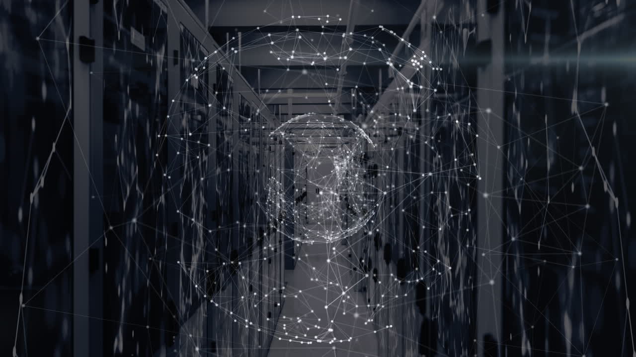 Animation of network of connections and globe over server room