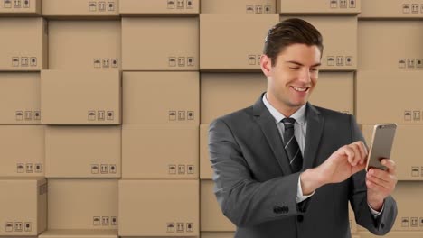 Animation-of-man-using-smartphone-with-stacks-of-boxes-in-background