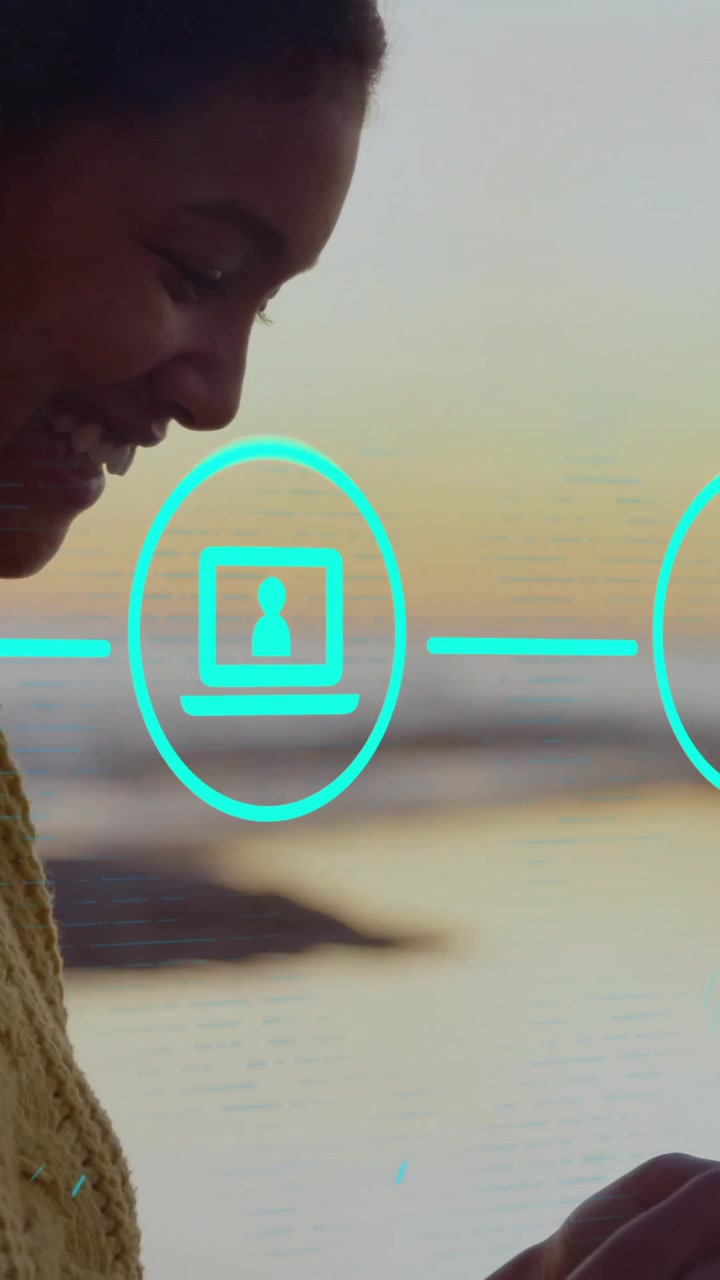 Animation of network of connections over woman using smartphone on beach
