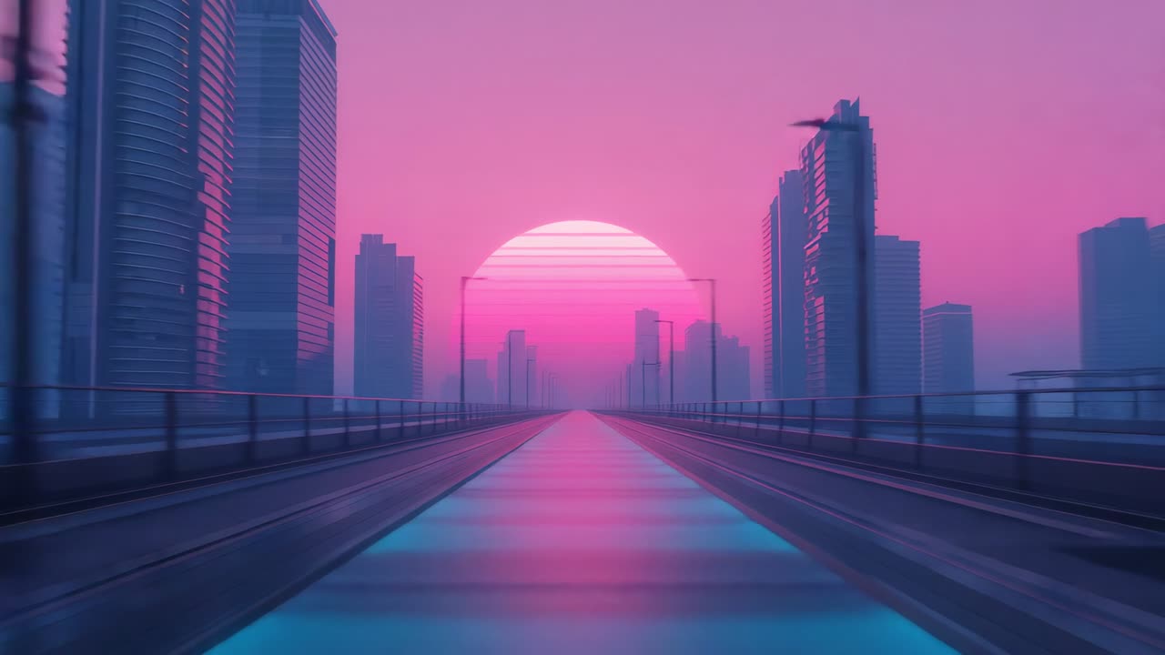 Camera gliding along neon highway amid skyscrapers, lamps, revealing rising neon sun