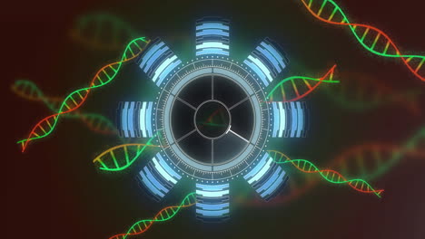 rotating gear animation over colorful dna strands on dark background