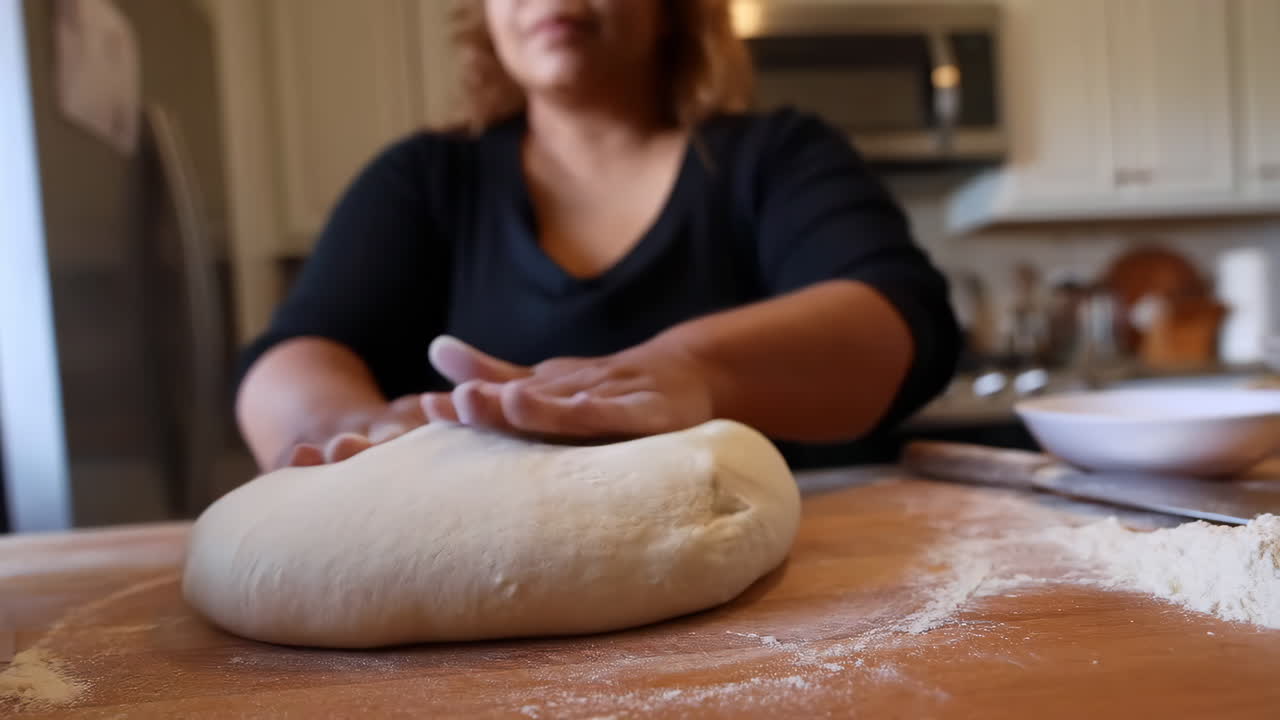 A person kneading dough on a wooden surface in a kitchen