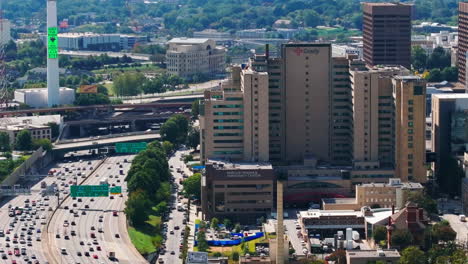 aerial view of heavy traffic on busy multilane highway at grady memorial hospital