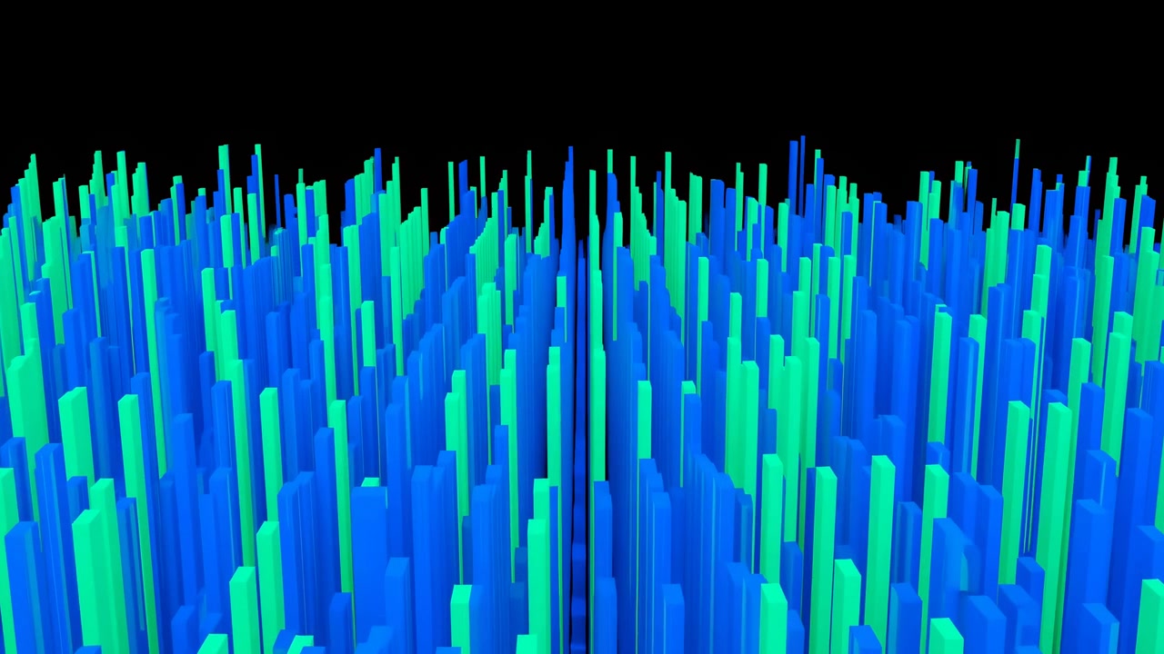 Blue Green Vertical Pillar Forest, Neontipped Columns Rising Like Digital Skyline, Resembles Audio Equalizer