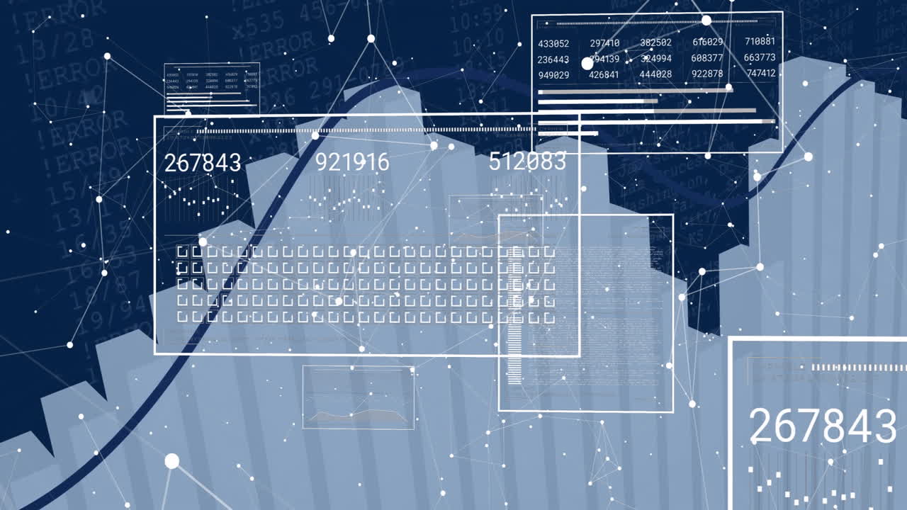 Animation of data processing and network of connections on black background