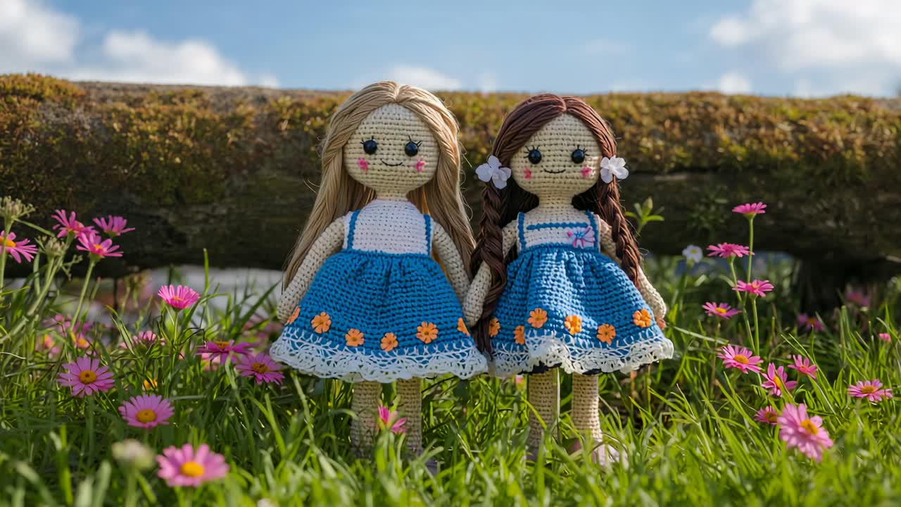 Zoom doux au démarrage, la caméra présente des poupées au crochet portant des robes bleues dans un pré de marguerites roses.