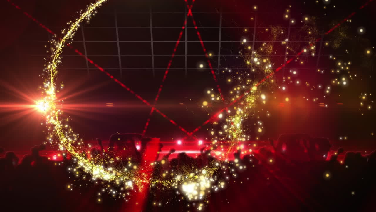 움직이는 불과 떨어지는 별과 함께 파티에서 춤을 추는 사람들의 애니메이션