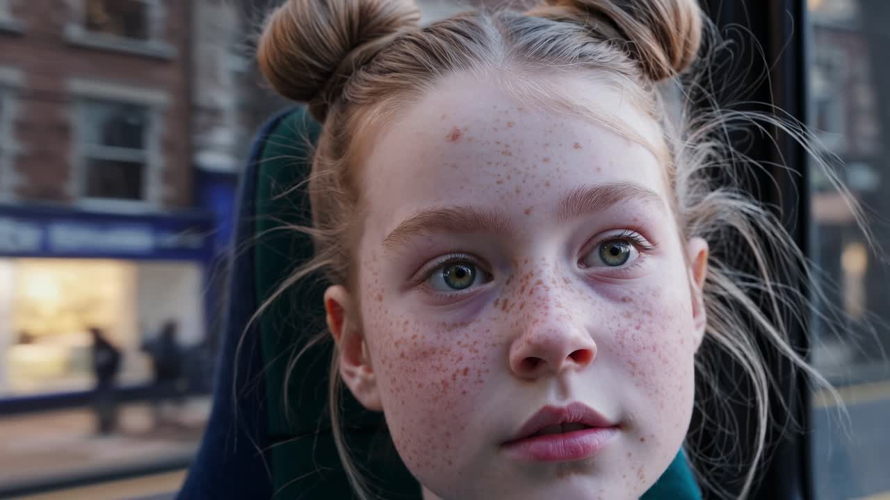 Portrait of a pensive young girl with freckles and tied hair sitting on a bus and looking out the window, observing the urban landscape passing by