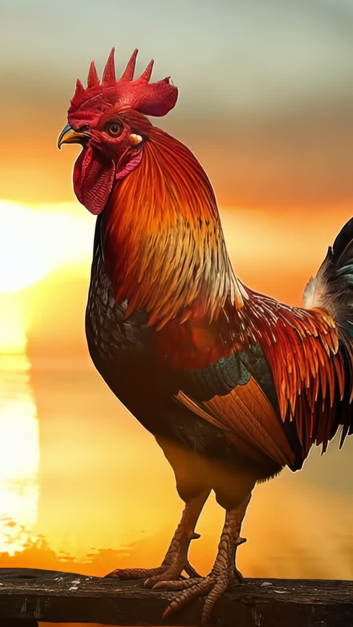 A rooster stands on a wooden post by the water. The rooster is red, black, and white. The sky is orange and the sun is setting Vertical video