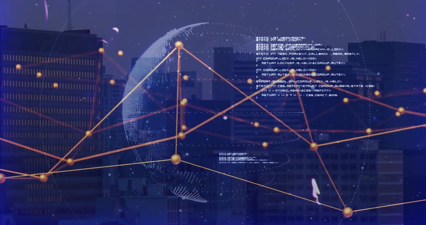 Wireframe globe forming triggers nodes appearing, lines connecting, code fading into data network