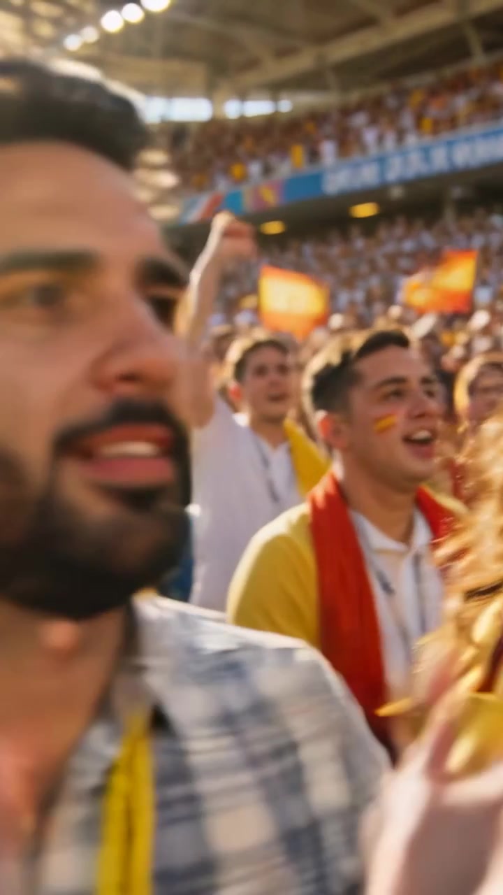 Video vertical: Aficionado sonriente de España con equipación amarilla girando y animando en el estadio mientras la cámara se aleja.