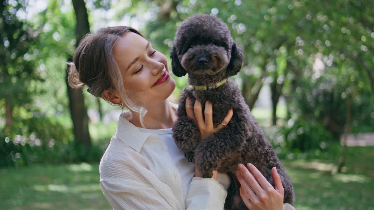 Lady holding black poodle in green park closeup. Happy woman cuddling furry dog