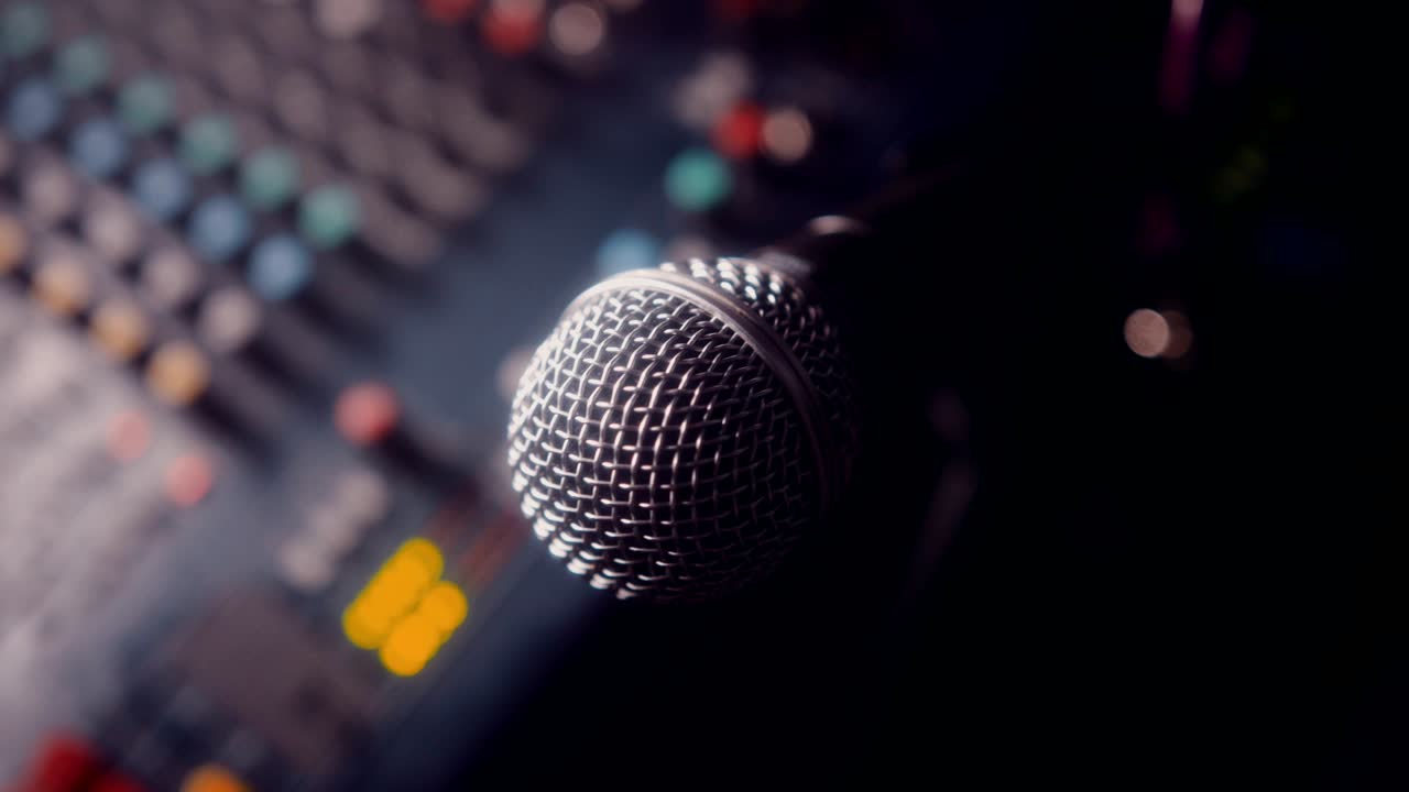 Microphone and sound mixer record panel in music studio