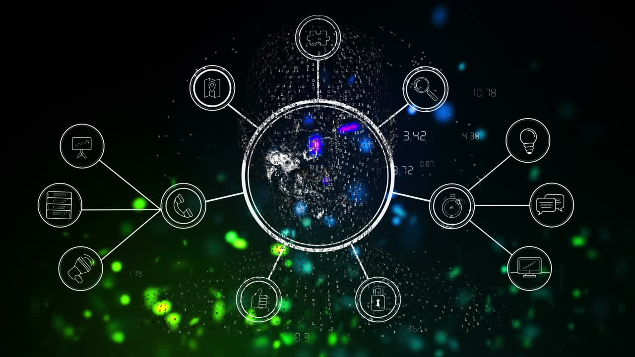 animación de la red de conexiones y procesamiento de datos sobre un fondo oscuro
