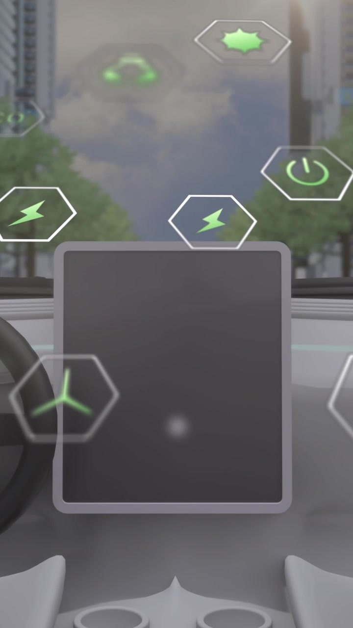 Animazione di icone di elaborazione dati ed ecologia su auto e città.