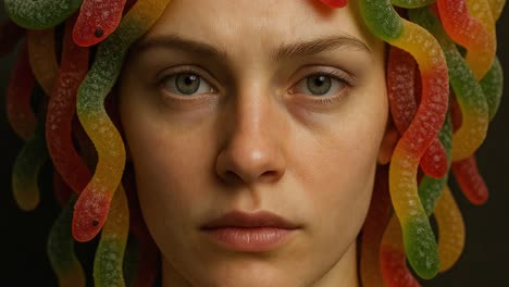 Close up portrait of a young woman wearing colorful gummy worms as a Medusa inspired hairstyle, creating a unique and artistic representation