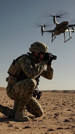 military personnel observing drone in desert