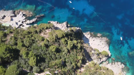 aerial overhead view of capri coastline and homes, italy from drone in summer