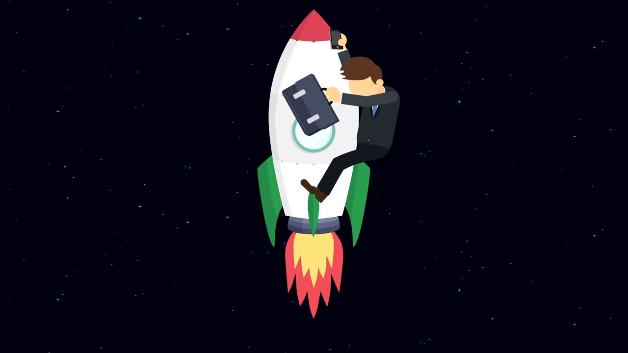 Business man flying on rocket through the space. Leap concept. Loop illustration in flat style.