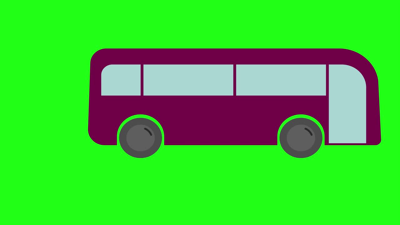 Bus. Tampilan samping. Bus kartun ungu. Bus bergerak maju, gas buang muncul, dan sesekali menghilang dari belakang. Kerusakan lingkungan dari emisi. Video loop datar 2D di chroma key