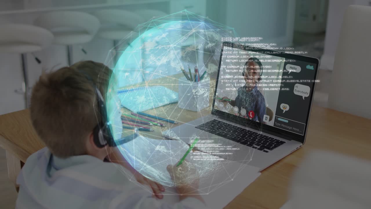 Studerende tager noter ved et bord, forbinder sig med en fjernundervisningskammerat og viser en globus, kode og chatbobler