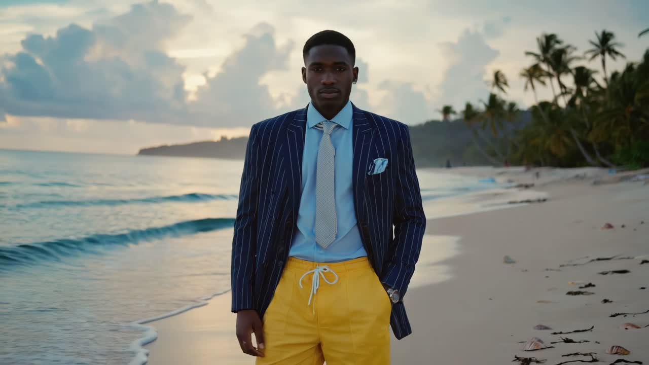 Homem de terno na praia