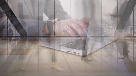 animation of man using laptop with people in office walking in fast pace