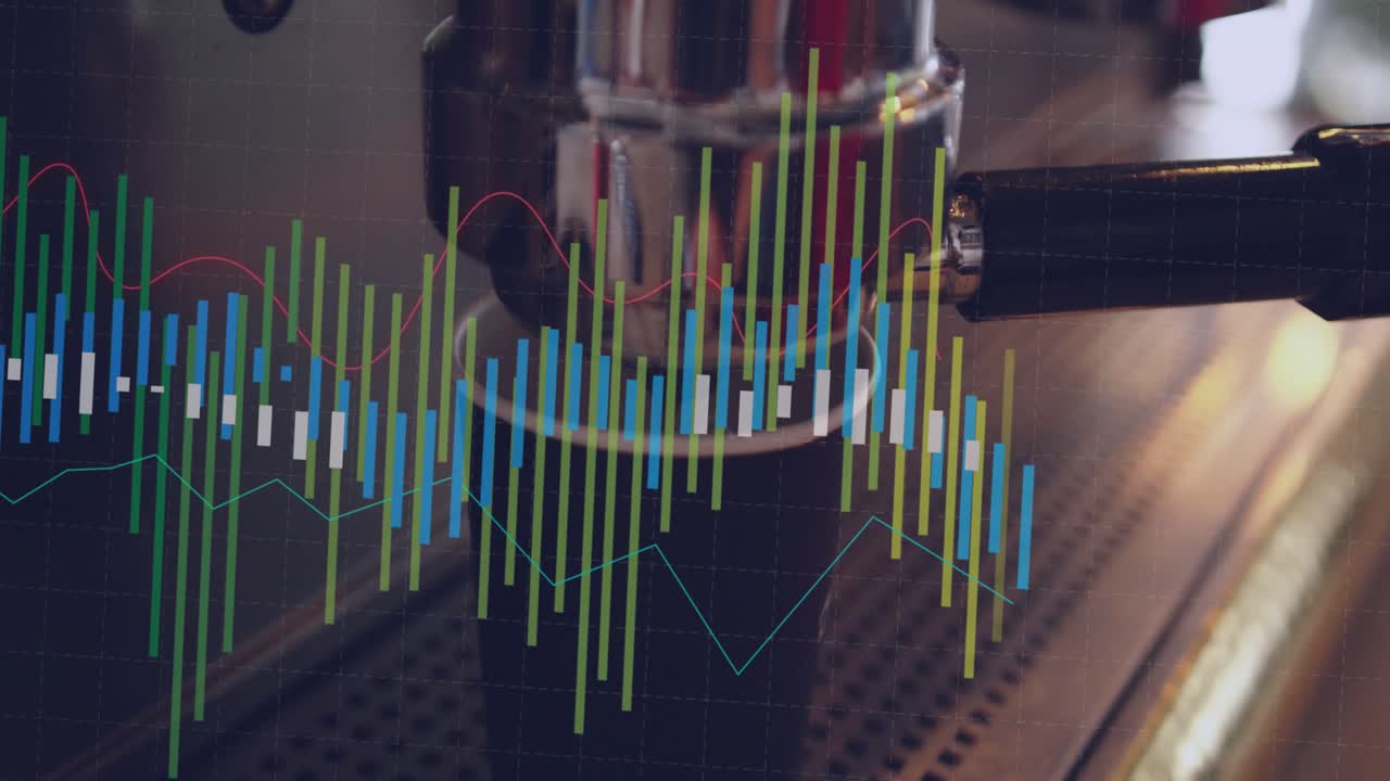 Portafilter activating espresso flow in cup while plotting real-time tech data bars rising falling