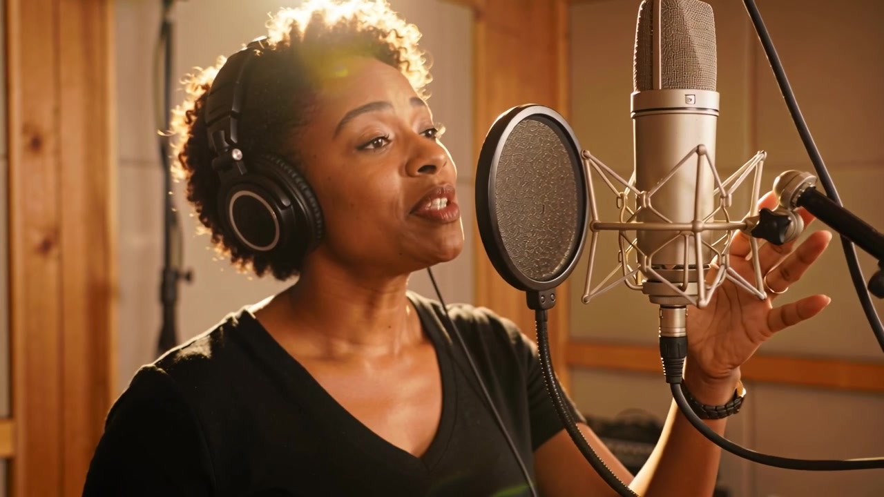 Cantante con maglietta a V nera che reagisce al playback, regola le cuffie e canta in studio nel microfono.