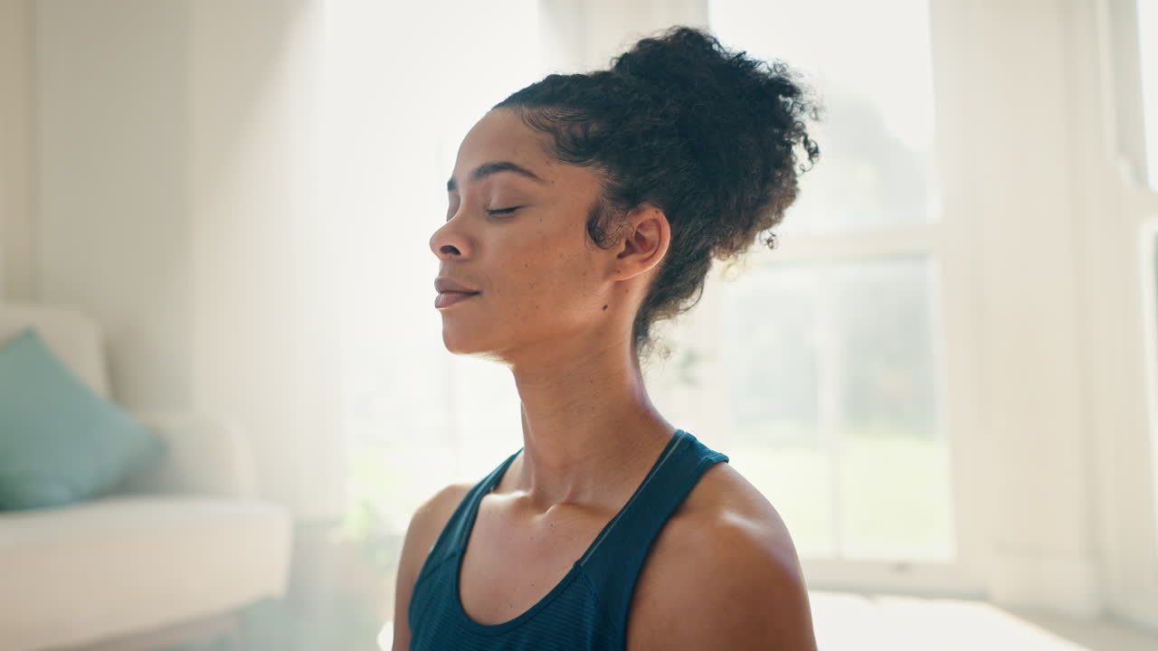 Face, yoga and meditation with a zen woman closeup