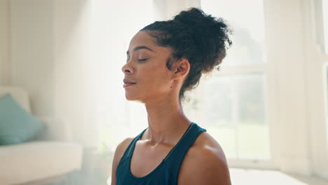 face, yoga and meditation with a zen woman closeup