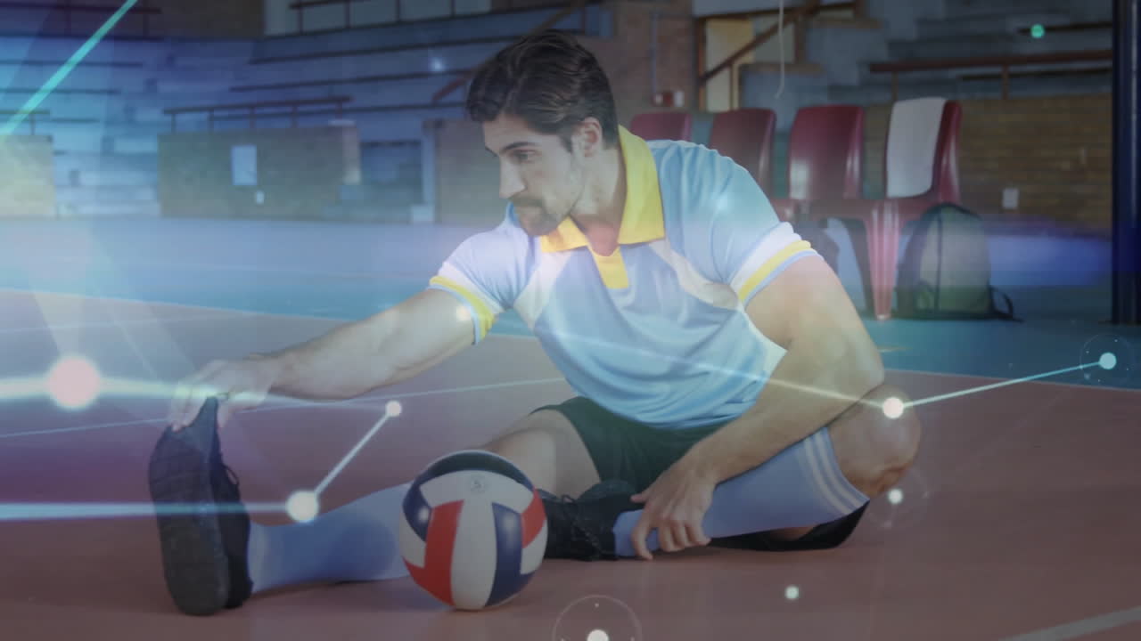 Male athlete stretching on volleyball court, with animated trajectory lines and training metrics