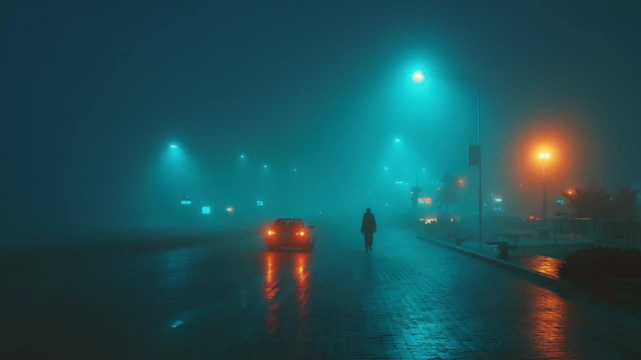 A solitary figure walks down a foggy street illuminated by soft, colorful lights at night, evoking a sense of mystery and introspection in an urban landscape