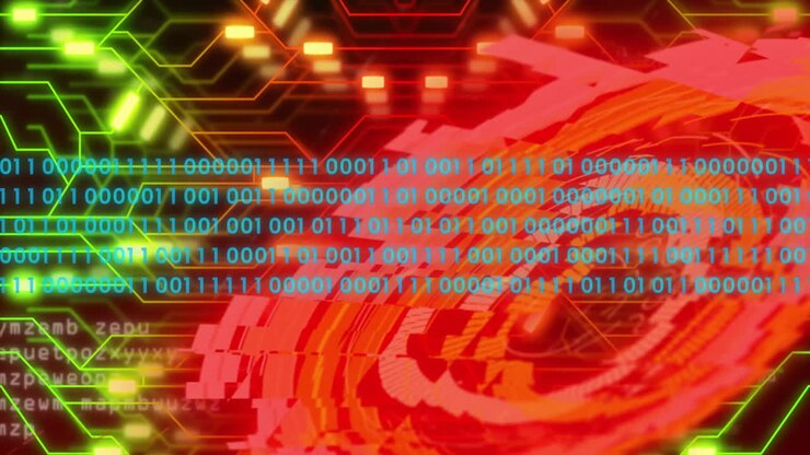 Animation af scanning med sigtekorn og databehandling over et computerprintkort på sort baggrund.