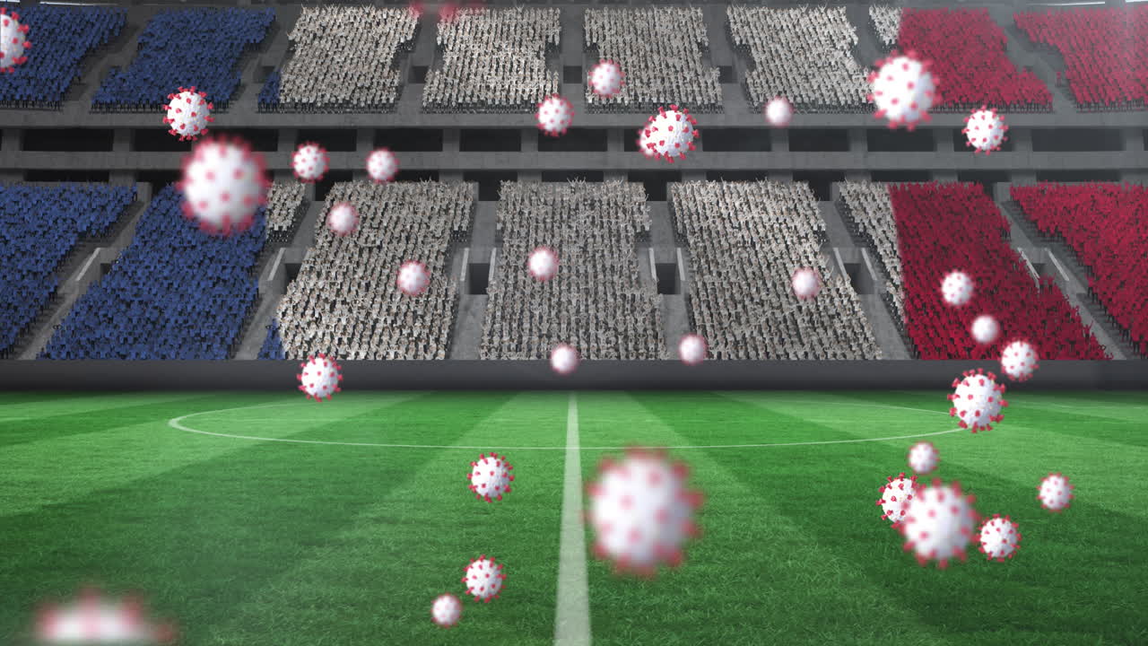 빈 스포츠 경기장에서 프랑스  ⁇ 발 위에 있는 코로나19 세포의 애니메이션