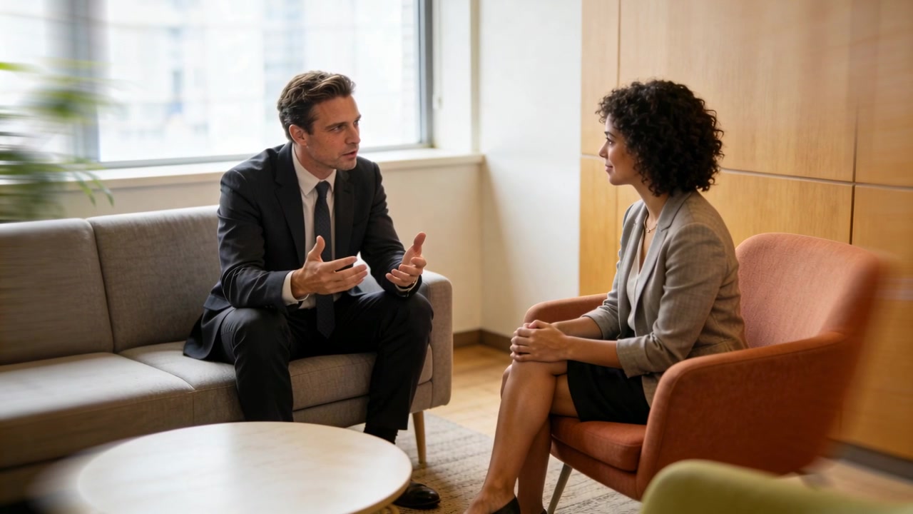 Homme en costume penché en avant, parlant et gesticulant sur un canapé gris dans un bureau, une femme écoutant le plan.
