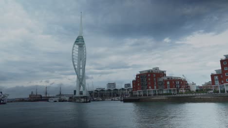 Wide-shot-of-the-Spinnaker-Tower-in-Portsmouth-on-a-cloudy-day