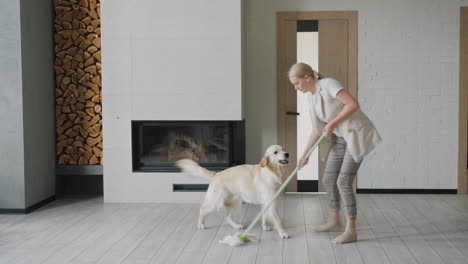 mujer limpiando el suelo con un trapeador, perro golden retriever