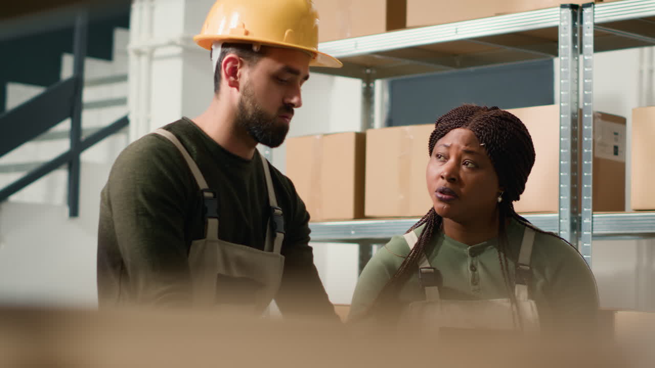 trabajadores del almacén discutiendo el inventario