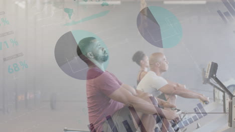 animation of interface processing data over diverse group training on rowing machines at gym