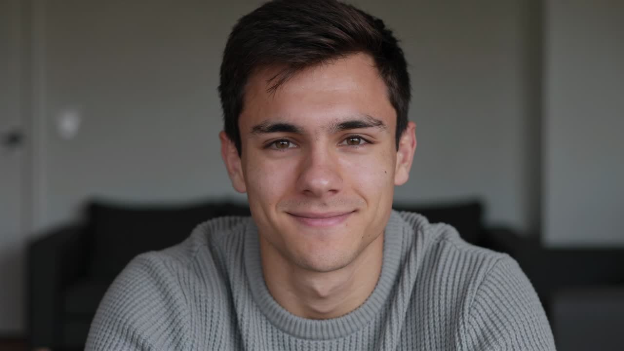 Uomo sorridente che risponde alla telecamera, facendo piccoli movimenti con la testa in un salotto, mentre indossa un maglione grigio.