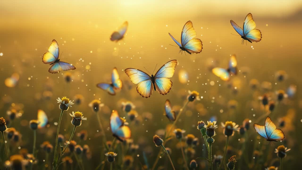 A Serene Dance of Vibrant Butterflies in a Sunlit Meadow, Their Delicate Wings Fluttering Gracefully Among Beautiful Wildflowers, Creating an Enchanting Natural Scene