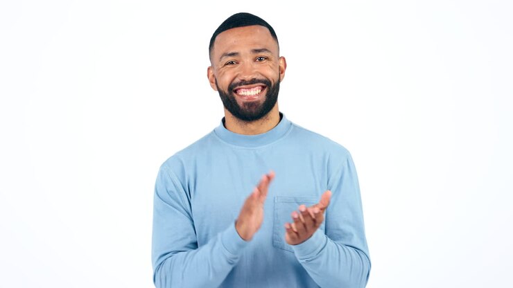 Applause, success and face of man in studio