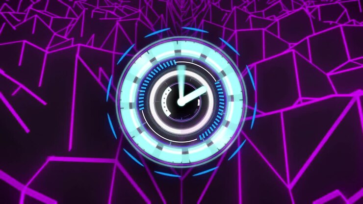 Animation of scope scanning with clock over digital landscape on black background