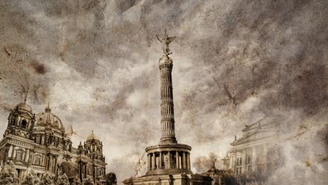 colage en cámara lenta de las vistas de berlín en alemania, que aparecen gradualmente en un viejo papel arrugado vintage y un cielo de lapso de tiempo con nubes. animación de bucle de video 4k creativa con efecto de paralaje.
