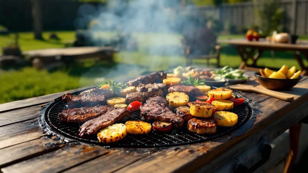 Grilled meats and colorful vegetables are arranged on a barbecue grill, with smoke rising in a sunny outdoor setting, showcasing the vibrant colors and textures of the food being prepared