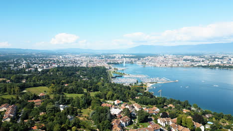 aerial: water fountain of geneva during the day (rade of geneva) from cologny, switzerland, pull out drone shot