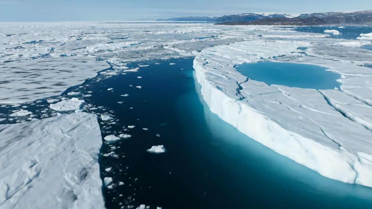 Vista aerea di enormi iceberg e pozze di acqua di disgelo nell'Oceano Artico