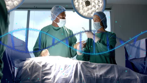 Animation-of-dna-strand-over-diverse-surgeons-in-hospital