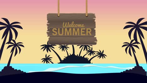 letras de bienvenida de verano en letras de madera colgadas